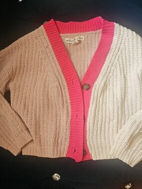 Cream Knit Cardigan with Hot Pink Trim Size Small- 7/8